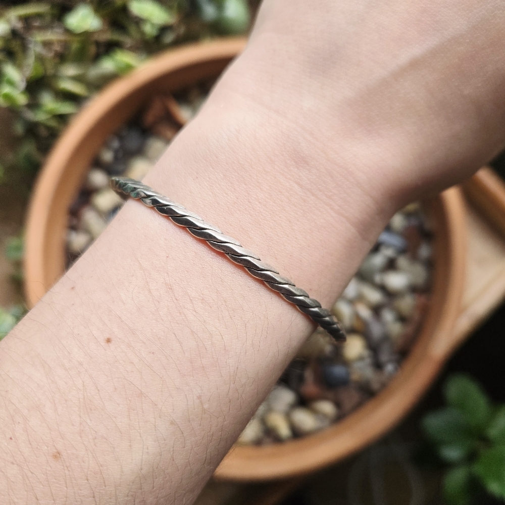 Vintage Mexican Alpaca Dainty Silver Braided Twist Bangle Bracelet